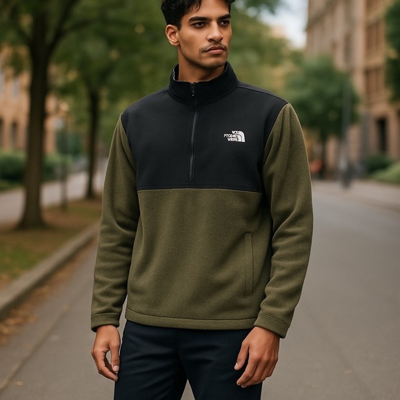 The North Face Mens Fleece 1/2 Zip Green Black Large - Picture 1 of 13